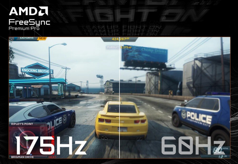 Monitor GIGABYTE MO34WQC Porównanie obrazu w grze wyścigowej przy częstotliwościach 175 Hz i 60 Hz, z oznaczeniem AMD FreeSync Premium Pro, odświeżanie, płynność, synchronizacja FreeSync Premium Pro