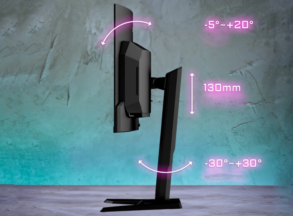 Monitor GIGABYTE MO34WQC Profil monitora z zaznaczonym zakresem regulacji wysokości, pochylenia i obrotu, ergonomia, podstawa, regulacja, głośniki