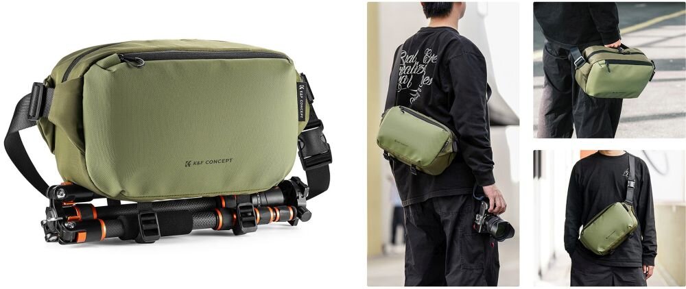 Po lewo zielona torba Alpha Sling Bag 10 l. Po prawo 3 sposoby noszenia torby  zaprezentowane przez młodego mężczyznę