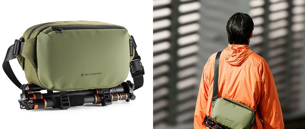Po lewo zielona torba Alpha Sling Bag z przypiętym od spodu statywem. Po prawo ta sama torba zawieszona przez tułów fotografa