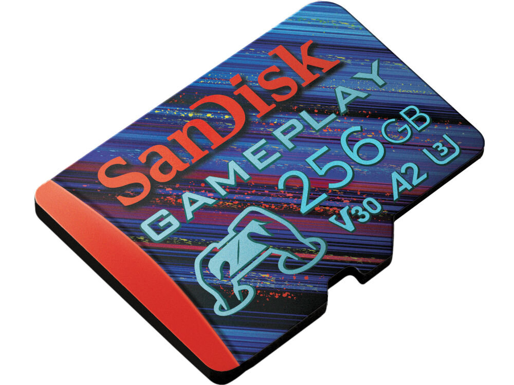 Karta pamięci SANDISK Gameplay MicroSDXC 256GB prezentacja karty na białym tle pod kątem odporność na wstrząsy, wodę, temperatury podróż konstrukcja chroni dane