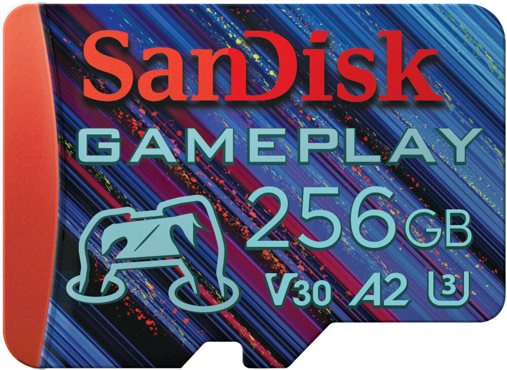 Karta pamięci SANDISK Gameplay MicroSDXC 256GB prezentacja karty na białym tle nagrywanie gier w wysokiej jakości, poradniki i streamy szybki zapis