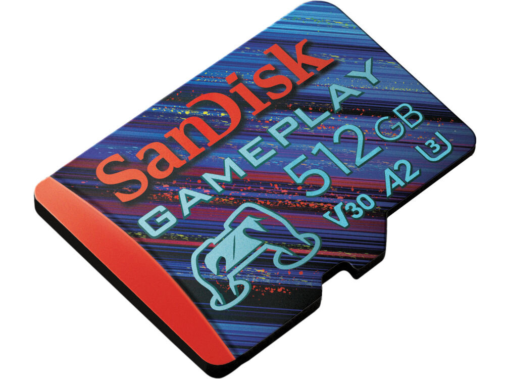 Karta pamięci SANDISK Gameplay MicroSDXC 512GB prezentacja karty na białym tle pod kątem odporność na wstrząsy, wodę, temperatury podróż konstrukcja chroni dane