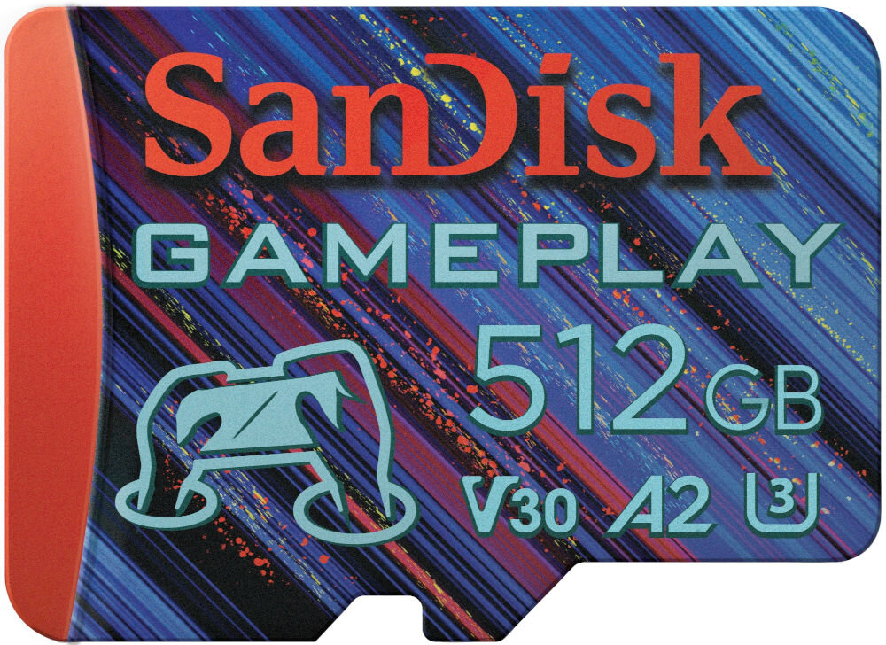 Karta pamięci SANDISK Gameplay MicroSDXC 512GB prezentacja karty na białym tle nagrywanie gier w wysokiej jakości, poradniki i streamy szybki zapis