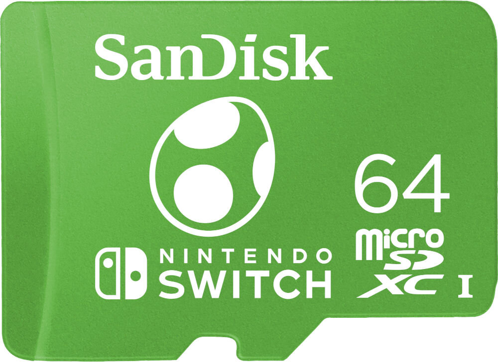 Karta pamięci SANDISK MicroSDXC 64GB do Nintendo Switch Yoshi Edition prezentacja karty na białym tle duża predkość wydajność