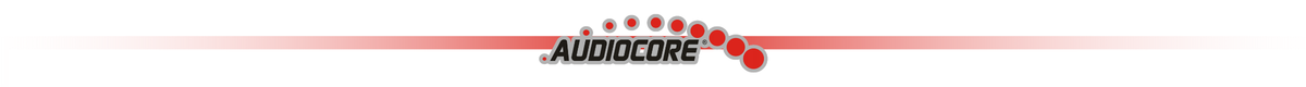Logo Audiocore z czerwonymi kropkami tworzącymi łuk nad nazwą marki.