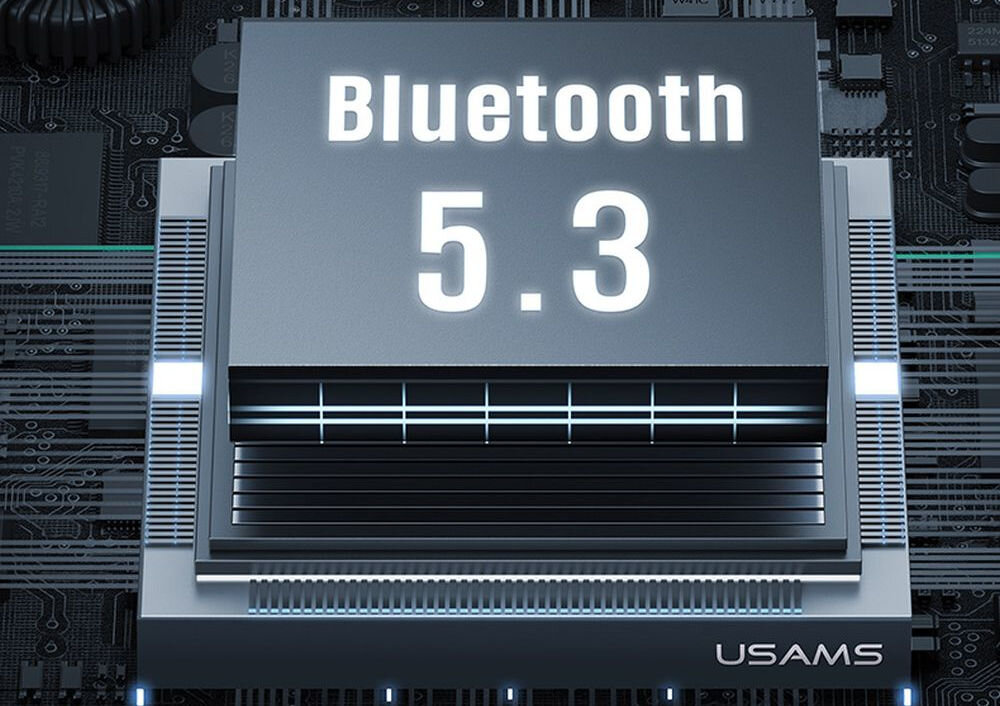 Słuchawki powietrzne USAMS G26 OWS Czarny czarne tło podzespoły technologia Bluetooth 5.3 stabilność połączenia słuchanie muzyki prowadzenie rozmowy telefonicznej granie w promieniu 10 metrów bez utraty jakości połączenia w domu w biurze na siłowni