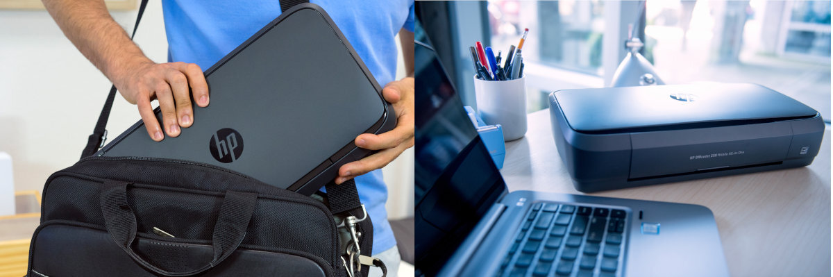 Po lewej stronie osoba wkłada przenośną drukarkę z logo HP do torby. Po prawej stronie drukarka stoi na biurku obok laptopa i kubka z przyborami do pisania.