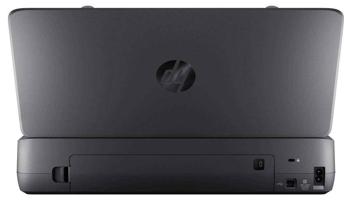 Czarna drukarka przenośna z widocznym logo HP na pokrywie. Na tylnej części znajdują się porty i przyciski.