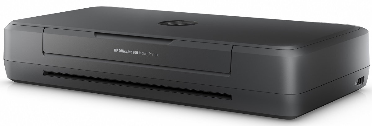 Czarna, kompaktowa drukarka przenośna z widocznym napisem \'HP OfficeJet 200 Mobile Printer\' na przednim panelu. Na górnej powierzchni znajduje się logo producenta.