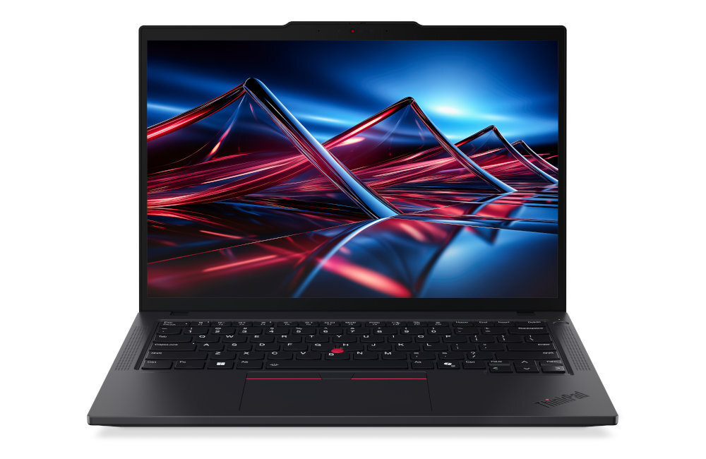 Laptop Lenovo ThinkPad P14s z otwartym ekranem wyświetlającym abstrakcyjną tapetę w kolorach czerwono-niebieskich - pamięć RAM DDR5 o częstotliwości 5600 MHz 