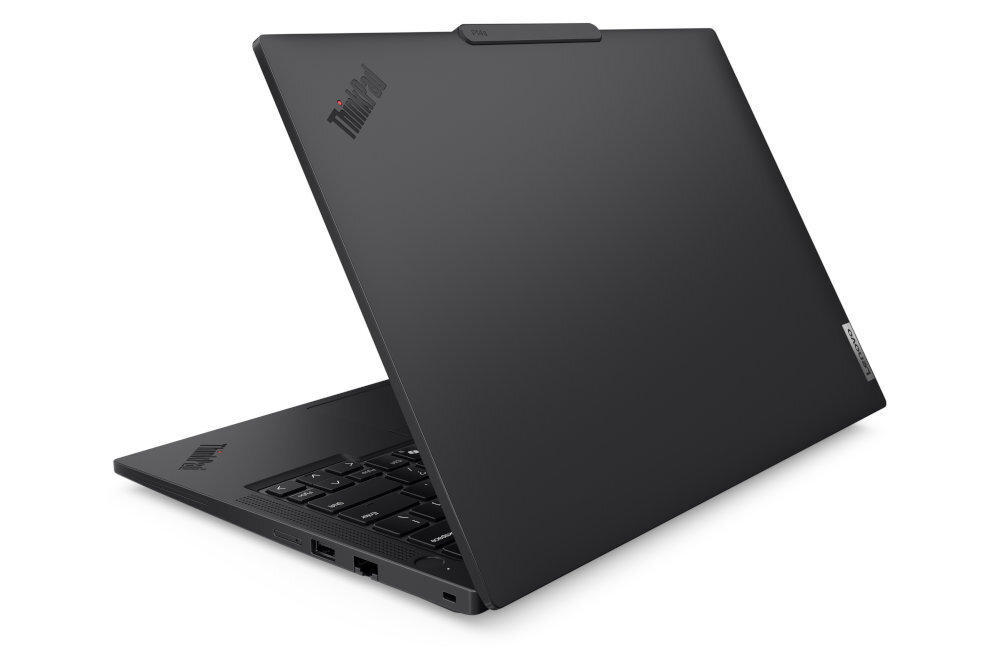 Widok z tyłu zamkniętego laptopa Lenovo ThinkPad P14s z logo ThinkPad, widoczne porty boczne w grafitowej obudowie - Dysk SSD PCI Express NVMe M.2 