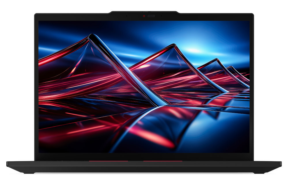 Frontalny widok laptopa Lenovo ThinkPad P14s z dynamiczną tapetą geometryczną na wyświetlaczu - 14-calowy ekran WUXGA (1920 x 1200 px) IPS 400 nitów Antyodblaskowa powłoka