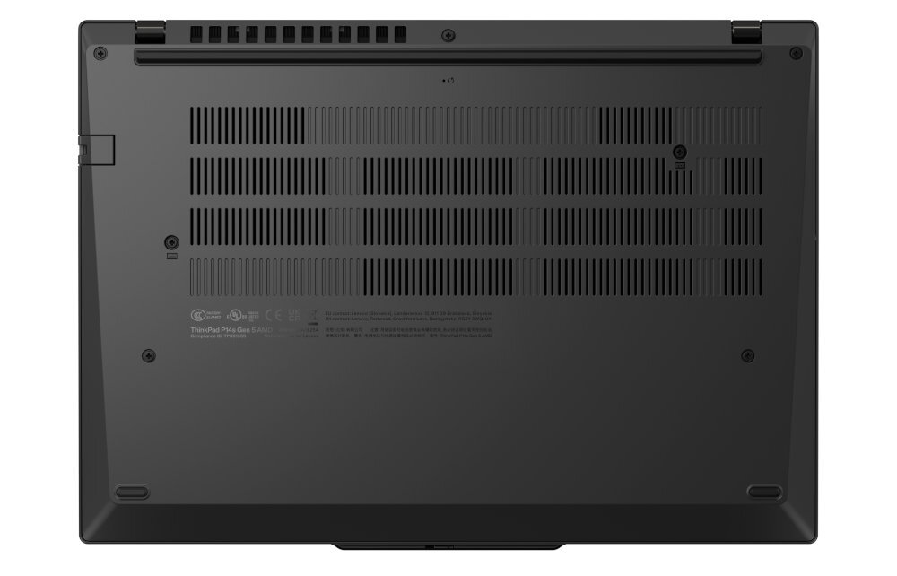 Widok spodu laptopa Lenovo ThinkPad P14s z systemem wentylacji i czarną obudową - bateria o pojemności 52,5 Wh szybkie ładowanie 65 W USB-C