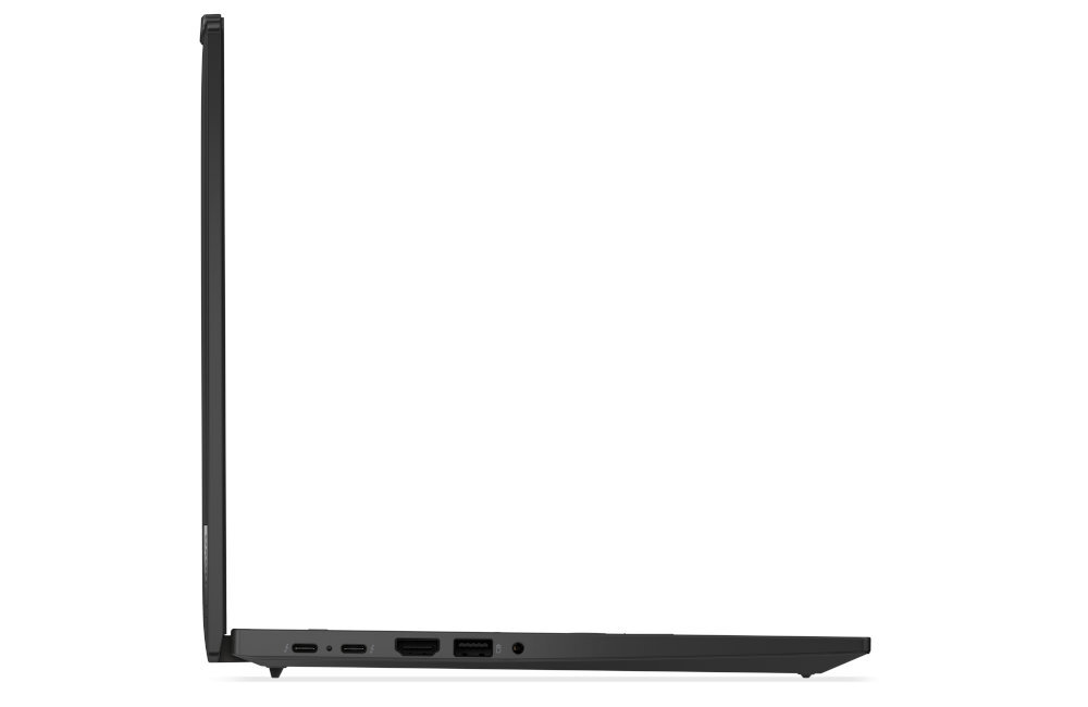 Profil laptopa Lenovo ThinkPad P14s z otwartym ekranem, widoczna smukła konstrukcja i porty boczne - Dwa porty USB-A (USB 3.2 Gen 1, 5Gbps) Always On Dwa porty USB-C Thunderbolt 4 DisplayPort 2.1 HDMI 2.1 rozdzielczość 4K 60 Hz