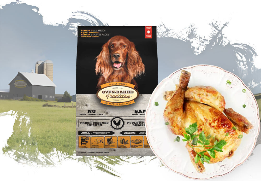 Karma dla psa OBT Dog Food Senior Pieczony Kurczak 11.34 kg opakowanie karmy i talerz z rybą na tle pól z widoczna fermą w oddali