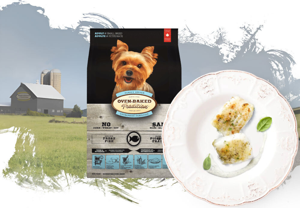 Karma dla psa OBT Dog Food Adult Small Breed Ryba 2,27 kg opakowanie karmy i talerz z całym kurczakiem na tle pól z widoczna fermą w oddali