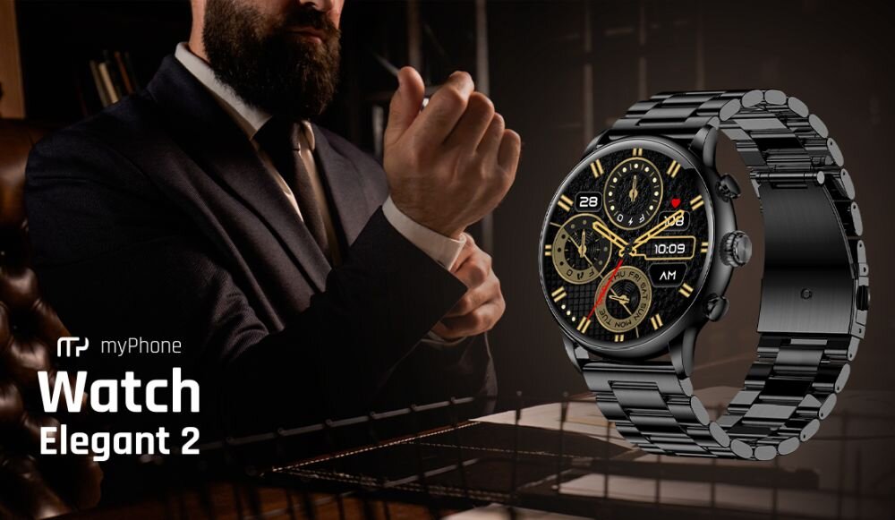 Smartwatch MYPHONE Watch Elegant 2 ekran bateria czujniki zdrowie sport pasek ładowanie pojemność rozdzielczość łączność sterowanie krew puls rozmowy smartfon aplikacja