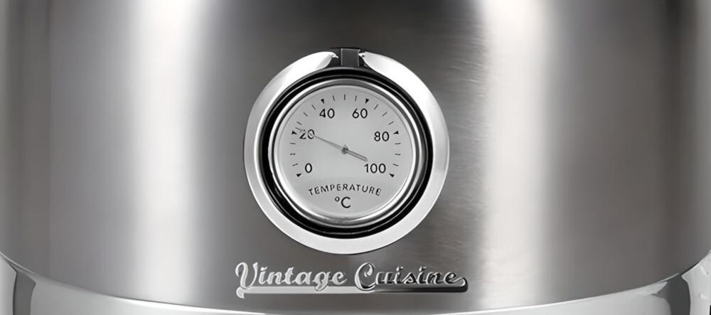 Czajnik VINTAGE CUISINE Retro Srebrny termometr w kółku wskaźnik temperatury wbudowany wskaźnik temperatury kontrolowanie temperatury wody parzenie różnych rodzajów herbaty dobranie odpowiedniej temperatury pełnia smaku i aromatu naparu optymalne warunki wyjątkowe doznania smakowe