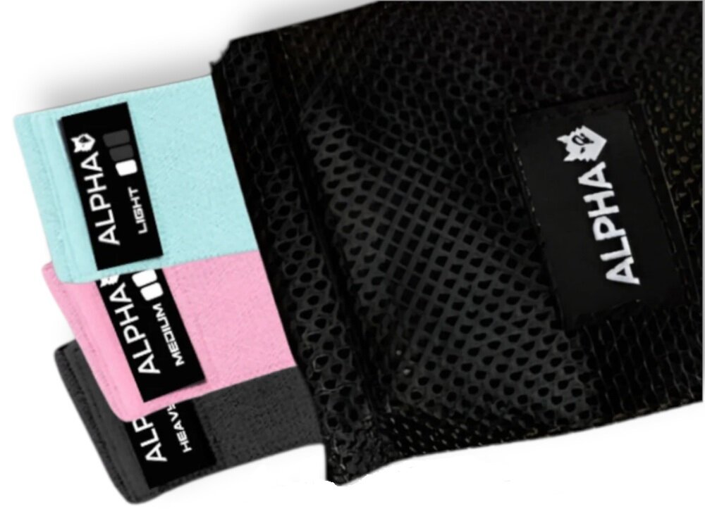 Zestaw gum do ćwiczeń ALPHA Hip Bands HMB-01 gumy w etui na białym tle praktyczne materiałowe etui łatwe przechowywanie i transport