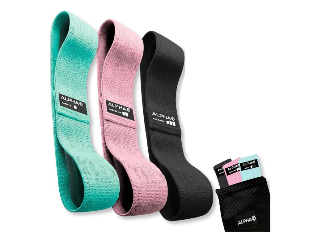 Zestaw gum do ćwiczeń ALPHA Hip Bands HMB-01 zestaw gum na białym tle obok gumy spakownae w etui zestaw 3 gumy etui dokumentacja