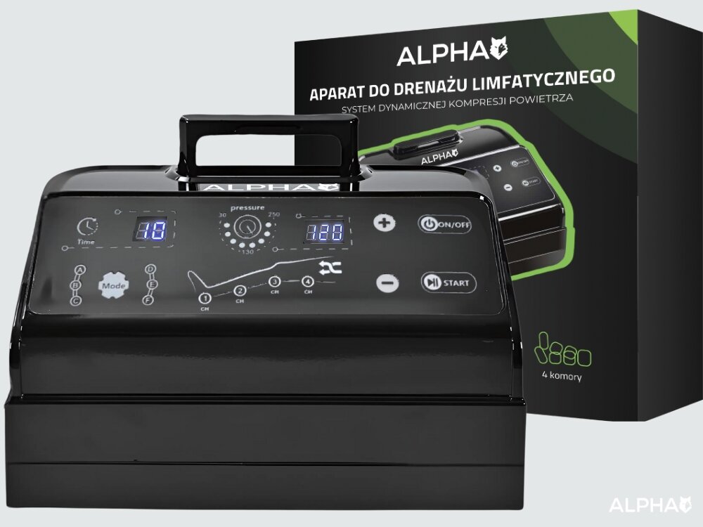 Masażer Limfatyczny do nóg Alpha AMP-04 wstępny masaż uciskowy, stymulacja limfy, pośredni masaż uciskowy, intensywny masaż uciskowy, łagodny drenaż, poprawa ukrwienia