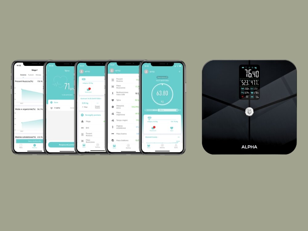 Waga łazienkowa ALPHA Smart Scale Pro technologia analizy ciała, precyzyjne dane i pomiary, dokładny skład ciała, synchronizacja z aplikacją mobilną
