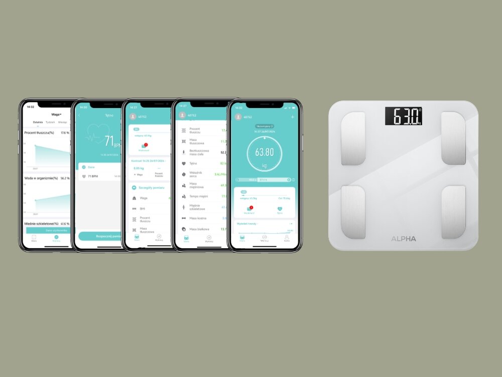 Waga łazienkowa ALPHA Smart Scale technologia analizy ciała, precyzyjne dane i pomiary, dokładny skład ciała, synchronizacja z aplikacją mobilną