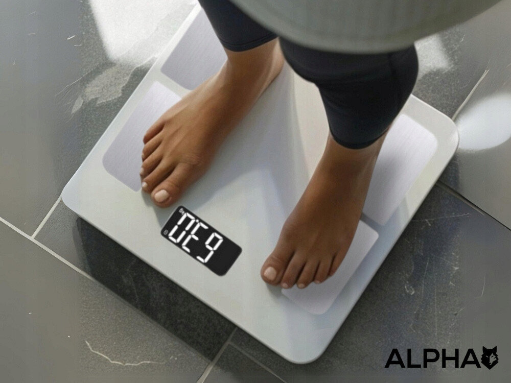 Waga łazienkowa ALPHA Smart Scale Wsparcie dla aktywnego stylu życia analiza 17 różnych wskaźników wiek biologiczny BMI tempo metabolizmu poziom tłuszczu trzewnego Regularna kontrola postępów