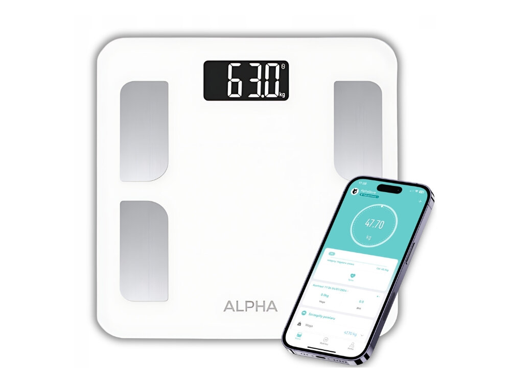 Waga łazienkowa ALPHA Smart Scale Solidność i estetyka wykonania wymiary waga udźwig do 180 kg Precyzyjna podziałka 0,1 kg elegancki design spełnia unijne normy niezbędne certyfikaty