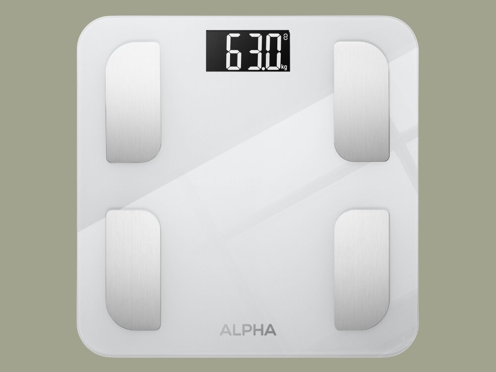 Waga łazienkowa ALPHA Smart Scale duża platforma, analiza składu ciała, śledzenie postępów, integracja z telefonem, bezpieczeństwo i stabilność