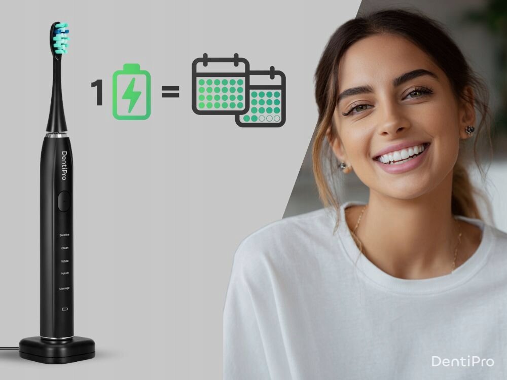 Szczoteczka soniczna ALPHA DentiPro dokładne czyszczenie, klasa wodoodporności ipx7, zapas 6 końcówek, etui ochronne, higiena zębów