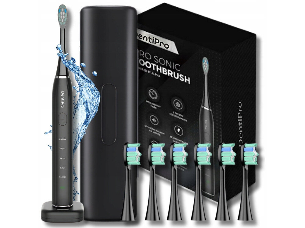 Szczoteczka soniczna ALPHA DentiPro wygoda użytkowania 6 wymiennych głowic komfort wygoda etui i stacja ładująca przechowywanie transport ułatwienie