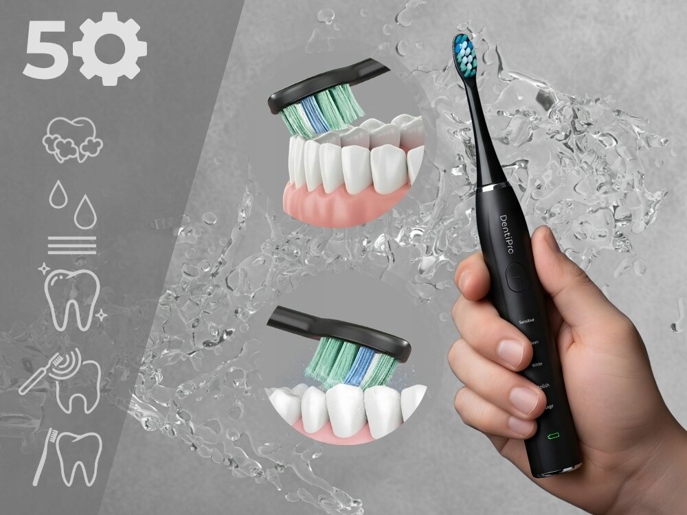 Szczoteczka soniczna ALPHA DentiPro trwałe i delikatne włókna, dla osób z wrażliwością, mostami i koronami, usuwanie płytki i osadów, ogranicza ryzyko stanów zapalnych