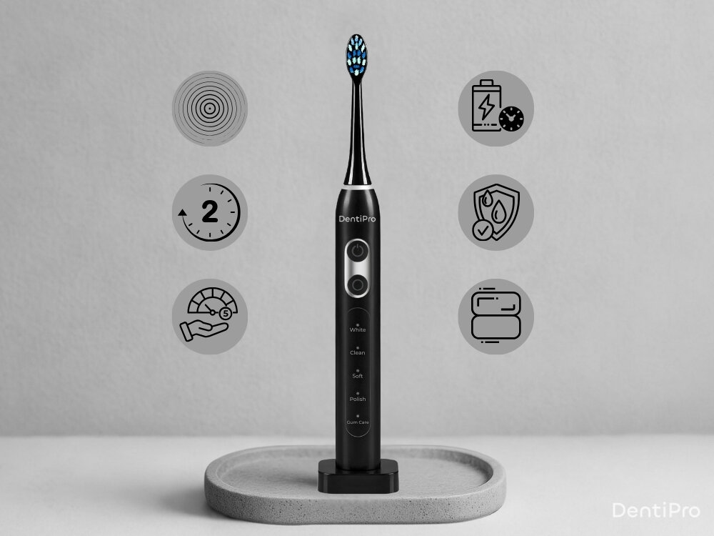 Szczoteczka soniczna ALPHA DentiPro 2 szt. działanie d0 45 dni, ładowanie indukcyjne, czytelny podświetlany ekran, nici dentystyczne