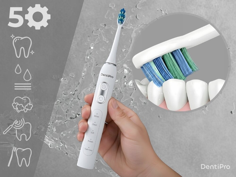 Szczoteczka soniczna ALPHA DentiPro 2 szt. włókna DuPont, delikatne dla szklia, technologia soniczna, usuwanie osadów, wsparcie osób z wrażliwością, łagodne i skuteczne czyszczenie