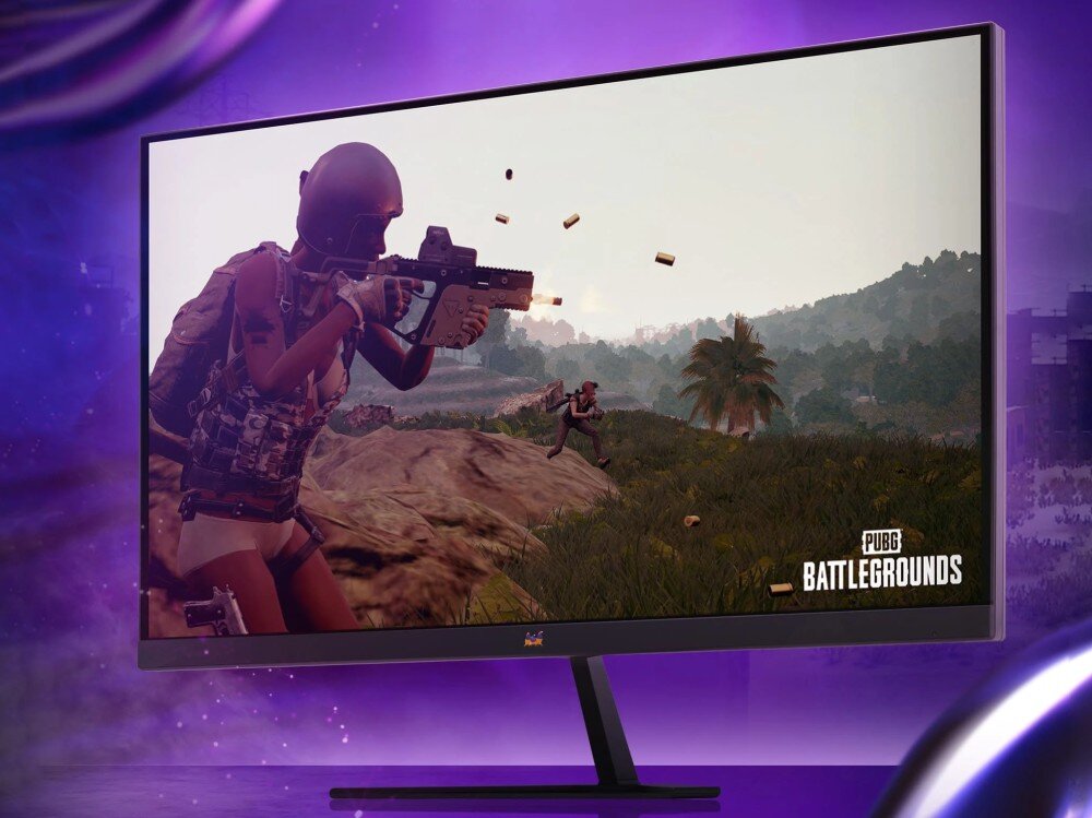 Monitor VIEWSONIC VX2758A-2K-PRO-3 27 2560x1440px IPS 240Hz 1 ms [MPRT] monitor stojący przodem wyświetlający ujęcie z gry akcji, w tle grafia z fioletowym motywem wygląd opis