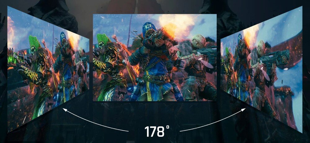 Monitor VIEWSONIC VX2758A-2K-PRO-3 27 2560x1440px IPS 240Hz 1 ms [MPRT] trzy ujęcia z gry z ilustracją pokazującą działanie szerokiego kąta widzenia matryca rozdzielczość