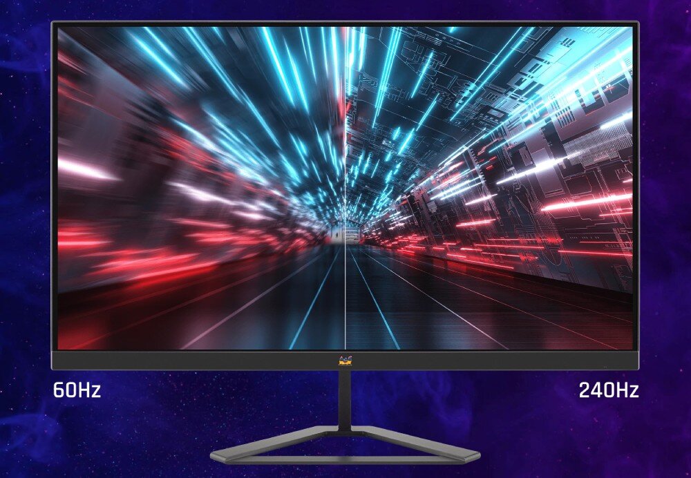 Monitor VIEWSONIC VX2758A-2K-PRO-3 27 2560x1440px IPS 240Hz 1 ms [MPRT] monitor wyświetlający obraz podzielony na dwie połowy: lewa rozmazana z podpisem 60 Hz, druga ostra z podpisem 240 Hz odświeżanie 