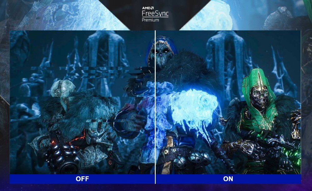 Monitor VIEWSONIC VX2758A-2K-PRO-3 27 2560x1440px IPS 240Hz 1 ms [MPRT] grafika z gry podzielona na pół: lewa strona z artefaktami i rozdarciami, prawa strona ostra i czysta czas reakcji matrycy synchronizacja FreeSync Premium