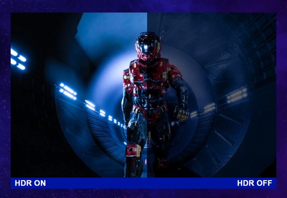 Monitor VIEWSONIC VX2758A-2K-PRO-3 27 2560x1440px IPS 240Hz 1 ms [MPRT] obraz podzielony na dwie połowy pokazujący różnice między zwykłym obrazem a HDR kontrast kolory