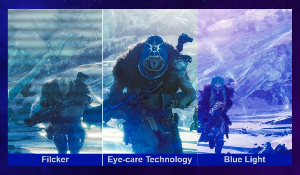 Monitor VIEWSONIC VX2758A-2K-PRO-3 27 2560x1440px IPS 240Hz 1 ms [MPRT] obraz podzielony na części: lewa z poziomymi paskami pokazującymi migotanie, środkowy idealny obraz, prawy za bardzo niebieski ochrona wzroku