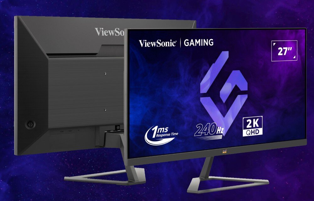 Monitor VIEWSONIC VX2758A-2K-PRO-3 27 2560x1440px IPS 240Hz 1 ms [MPRT] dwa monitory ustawione obok siebie, jeden ustawiony tyłem, drugi przodem regulacja mocowanie VESA