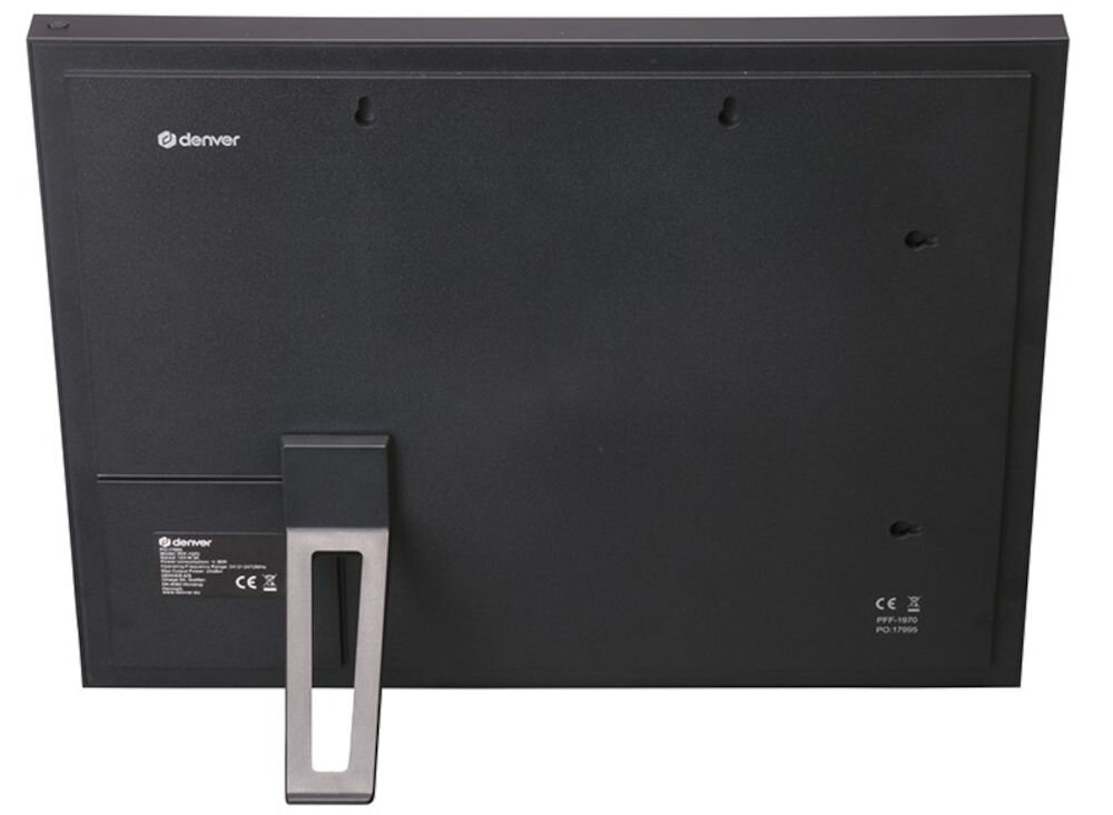 Ramka cyfrowa DENVER Frameo PFF-1970 Czarny prezentacja ramki od tyłu na białym tle 16 GB wbudowanej pamięci czytnik kart MicroSD do 32 GB złącze USB type-C wygodny transfer plików
