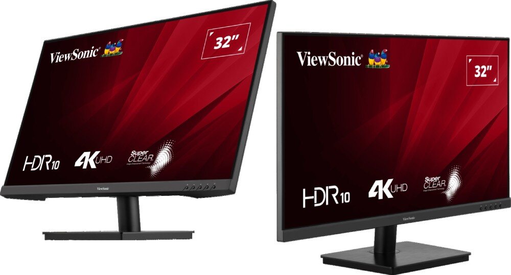 Monitor VIEWSONIC VA3208-4K-HD 32 3840x2160px 4 ms [GTG] dwa monitory ustawione obok siebie prawy obrócony lekko w prawo, lewy pod kątem w lewo i odchylony do tyłu wygląd opis