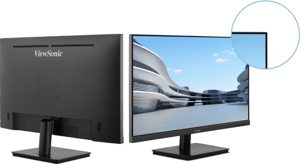 Monitor VIEWSONIC VA3208-4K-HD 32 3840x2160px 4 ms [GTG] dwa monitory ustawione obok siebie, jeden ustawiony tyłem, drugi przodem, w kółku przybliżenie na róg ekranu ramka regulacja mocowanie VESA