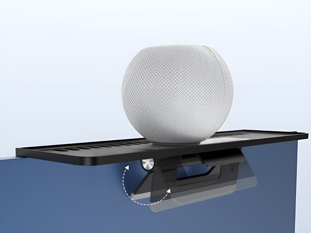 Półka na iMaca SODI 312 półka zamontowana na monitorze, na której stoi niewielki głośnik w kształcie kuli
półka na imaca materiały aluminium abs pc silikon apple