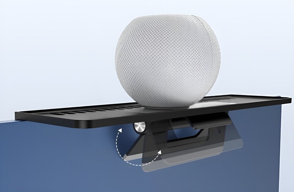 Półka na iMaca SODI 312 półka zamontowana na monitorze, na której stoi niewielki głośnik w kształcie kuli
półka na imaca materiały aluminium abs pc silikon apple