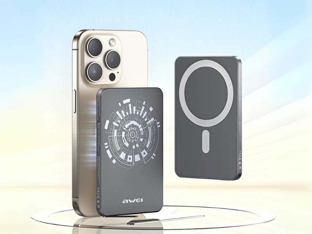 Powerbank indukcyjny AWEI MagSafe P112K aluminium zabezpieczenia ładowanie smukły - powerbank przypiety do telefonu