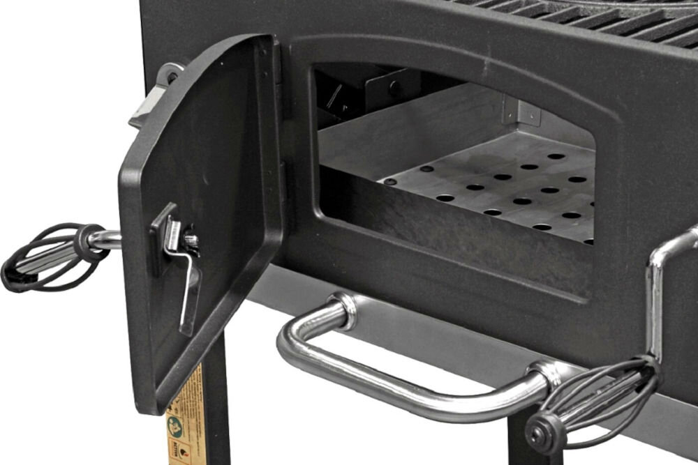 Grill węglowy ACTIVA Angular 11245L 57.5 x 42 cm drzwiczki rewizyjne wygodne uzupełnianie węgla lub brykietu praktyczne rozwiązanie długotrwałe grillowanie sprawne bezpieczne dodawanie węgla odpowiedni poziom żaru ciągłość pieczenia podczas spotkań